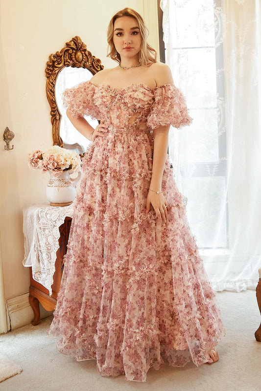 Vestido de fiesta de talla grande con diseño de flores rojas en color marfil y hombros descubiertos