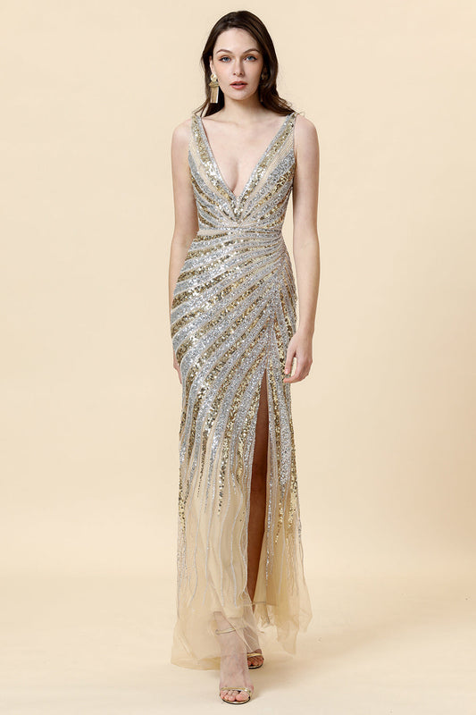 Sheath Deep V-Neck Golden Beaded Evening Gown with Slit