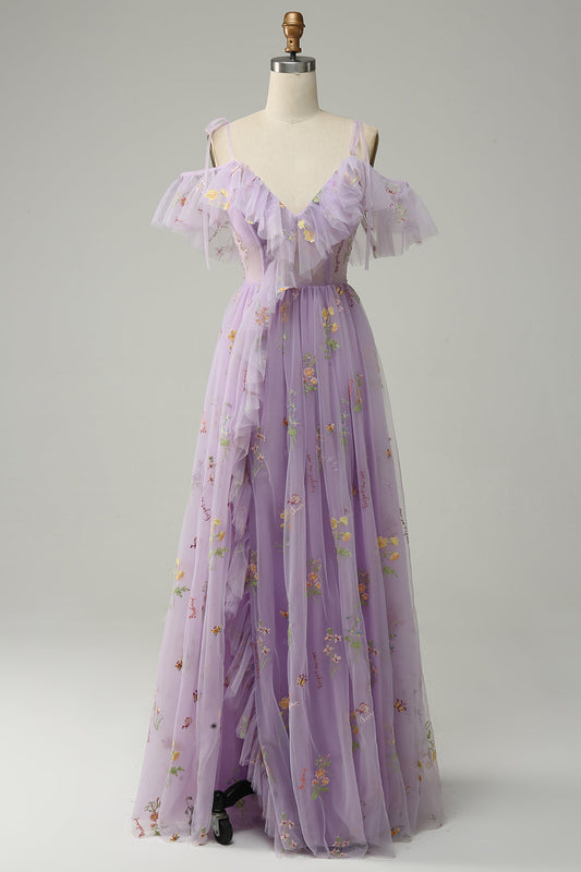 A-Line V-Neck Spaghetti Straps Embroidered Lavender Long Prom Dress with Slit