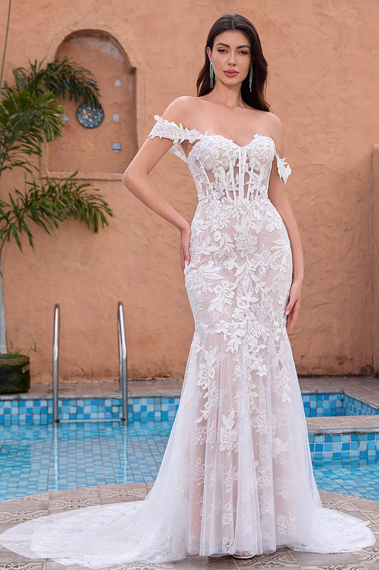 White Mermaid Off-the-Shoulder Sweep Train Bridal Dress with Appliqué Lace