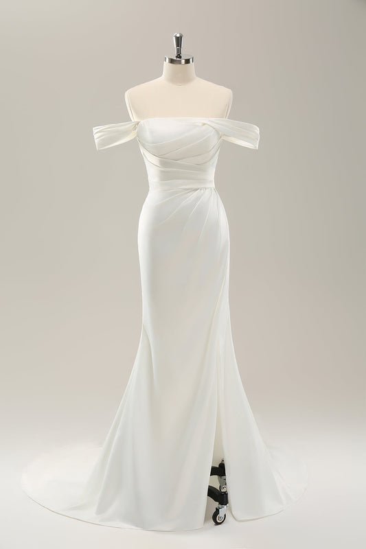 White Mermaid Off-Shoulder Pleated Satin Wedding Dress with Slit