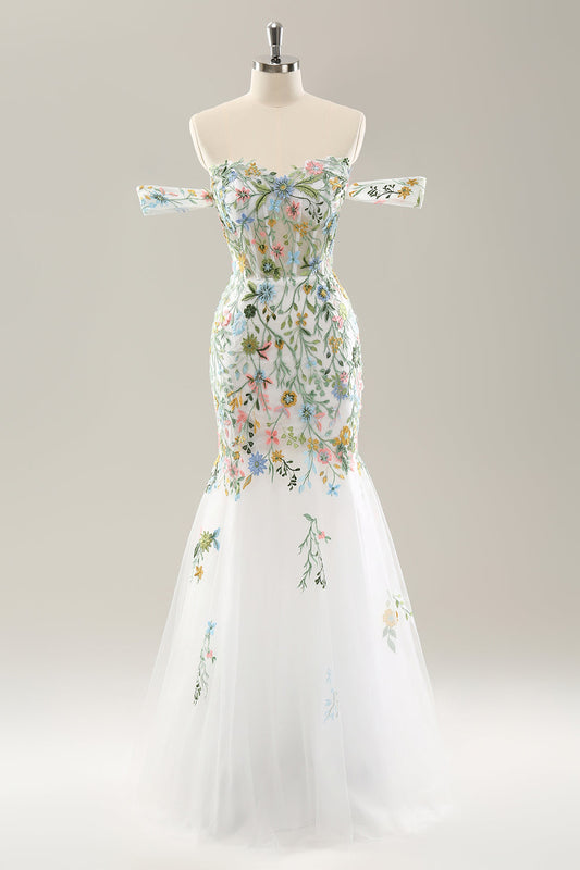 White Mermaid Off-the-Shoulder Floral Corset Bridal Gown