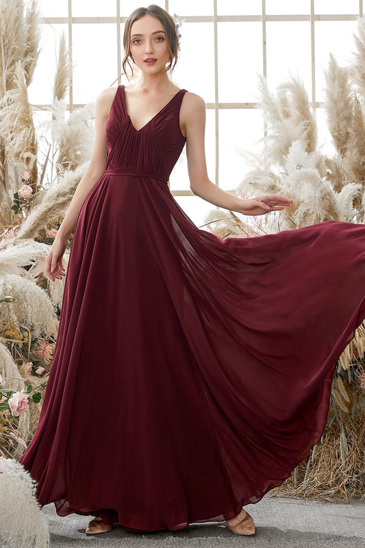 Burgundy V-Neck Chiffon Bridesmaid Dress