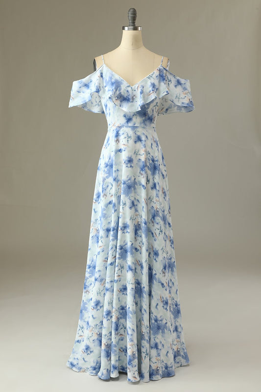 A-Line Off-the-Shoulder Blue Floral Print Long Bridesmaid Dress