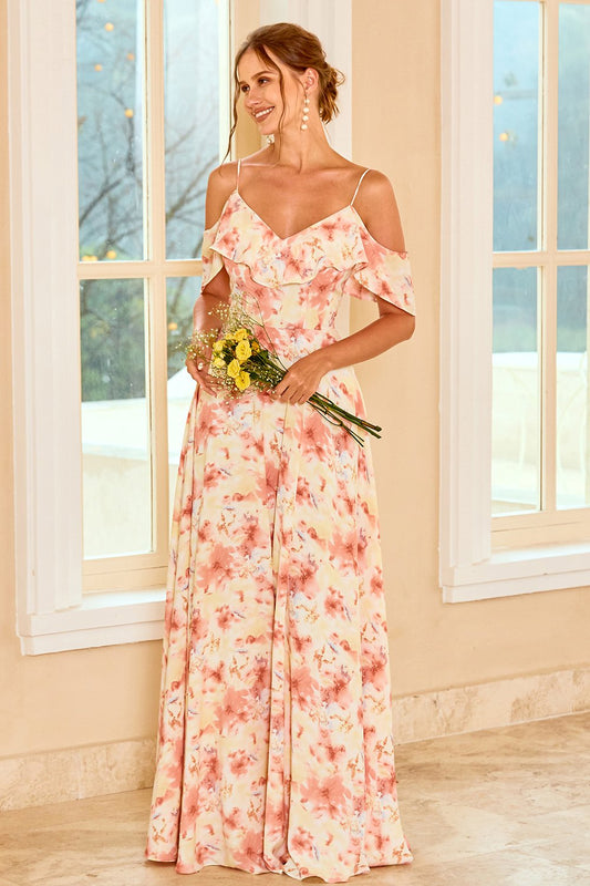 Printed Blush Bridesmaid Dress with Ruffle