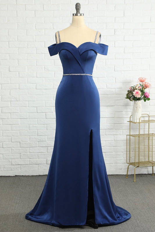 Mermaid Off-the-Shoulder Navy Bridesmaid Dress with Beading