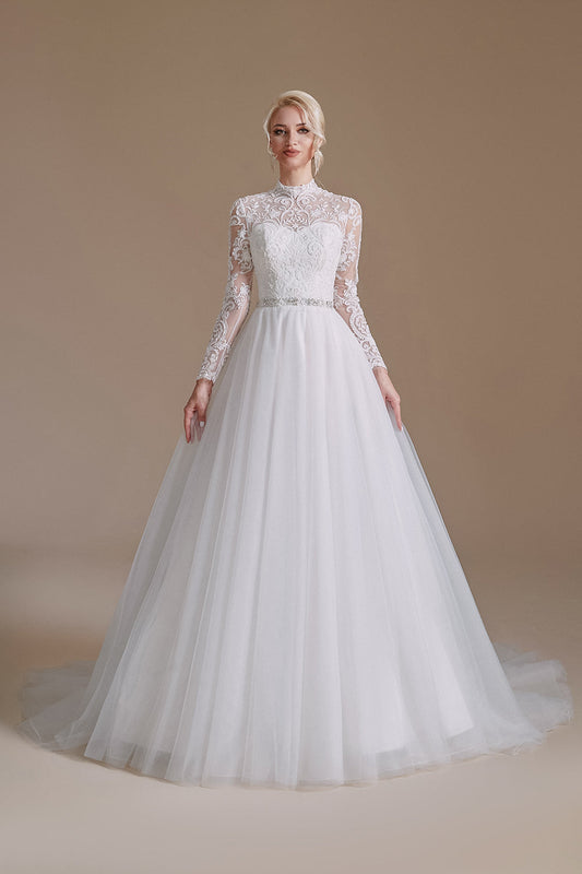 White A-Line High Neck Long Sleeve Lace Wedding Dress