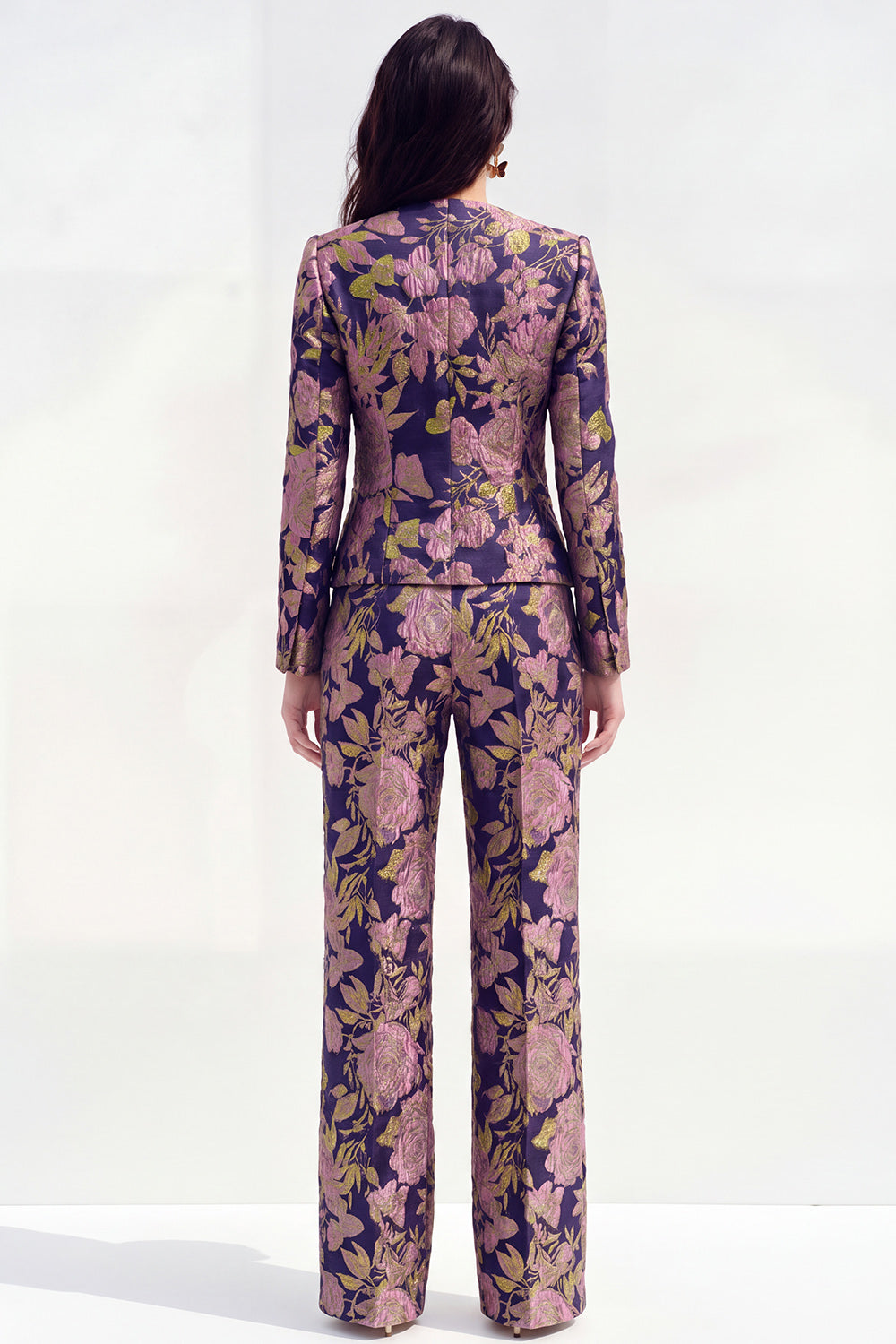 Green Flower 2 Piece Round Neck Single Breasted Jacquard Women Suits