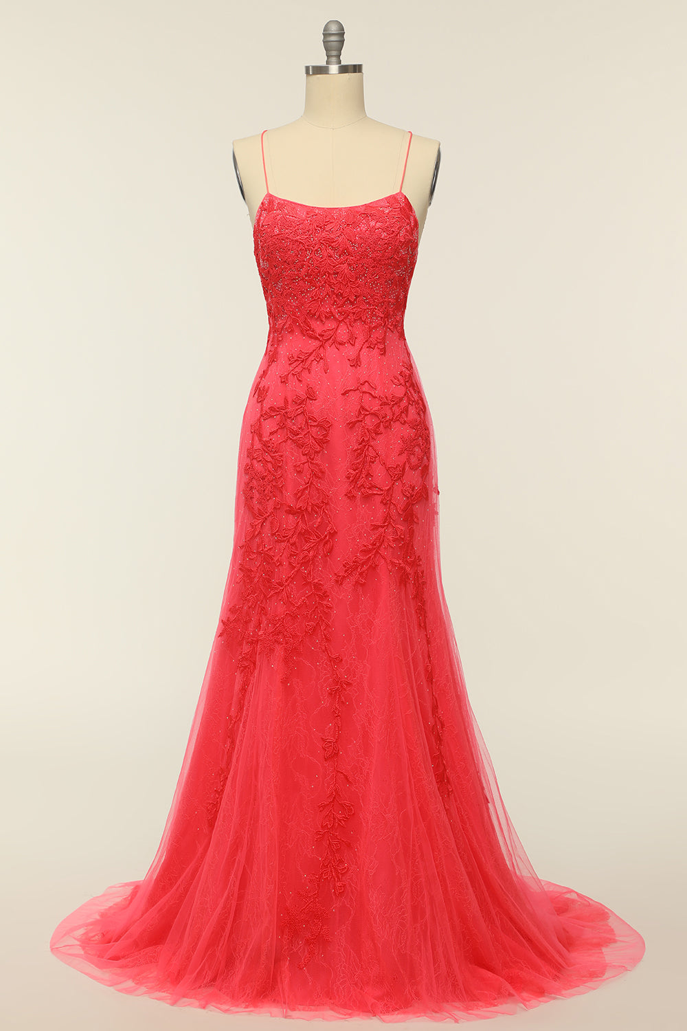 Robe de soirée sirène longue rose clair à bretelles spaghetti et appliques