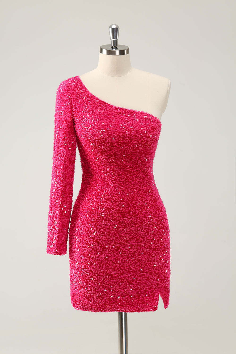 Hot Pink One-Shoulder Glitter Sequin Homecoming Dress with Slit