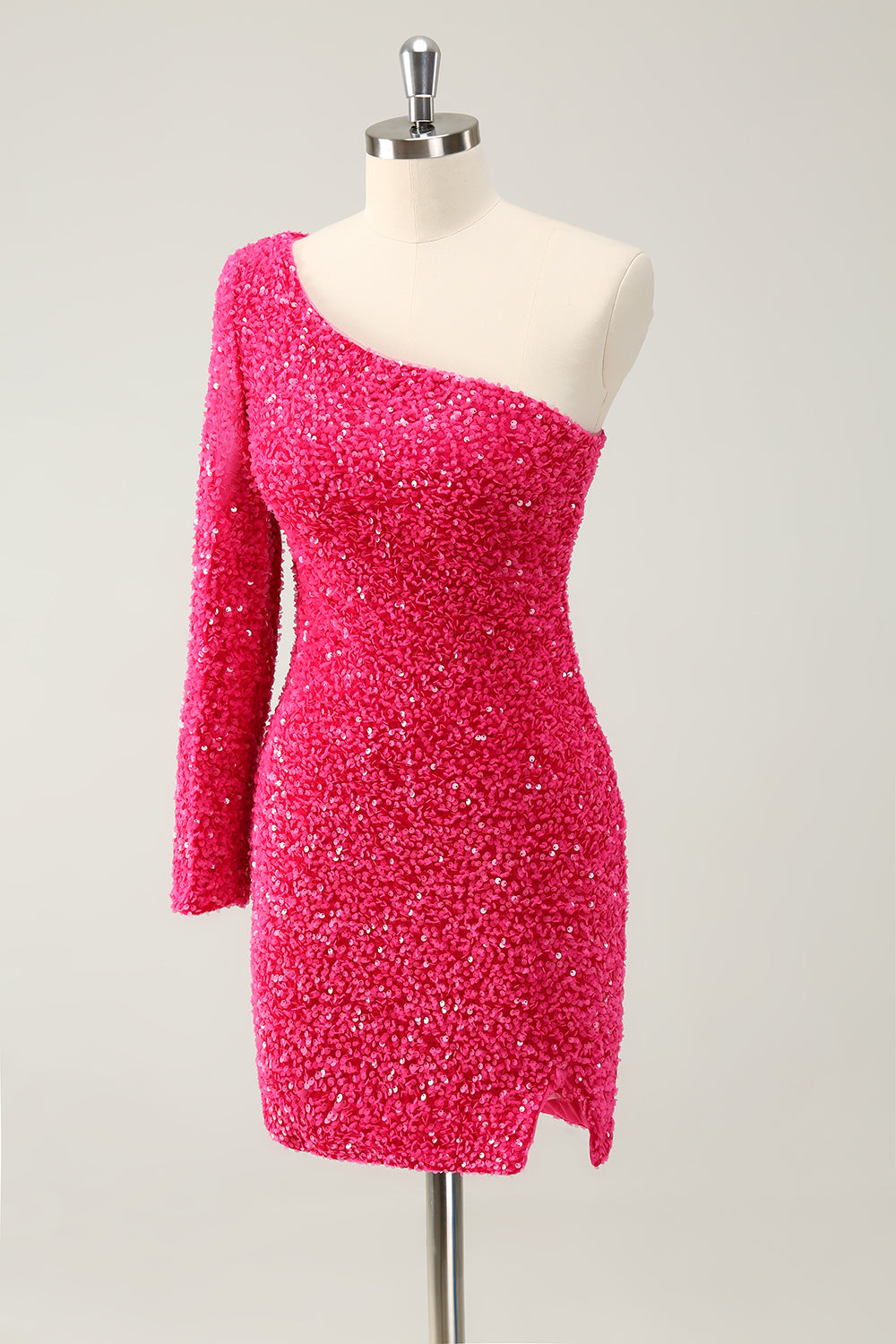 Hot Pink One-Shoulder Glitter Sequin Homecoming Dress with Slit