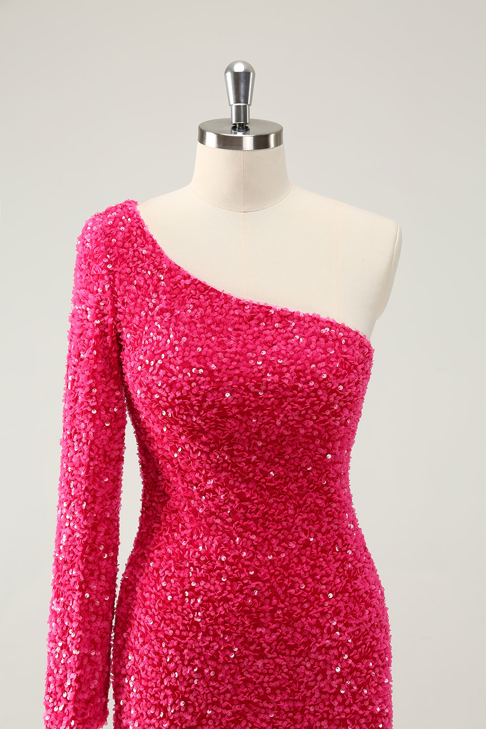 Hot Pink One-Shoulder Glitter Sequin Homecoming Dress with Slit