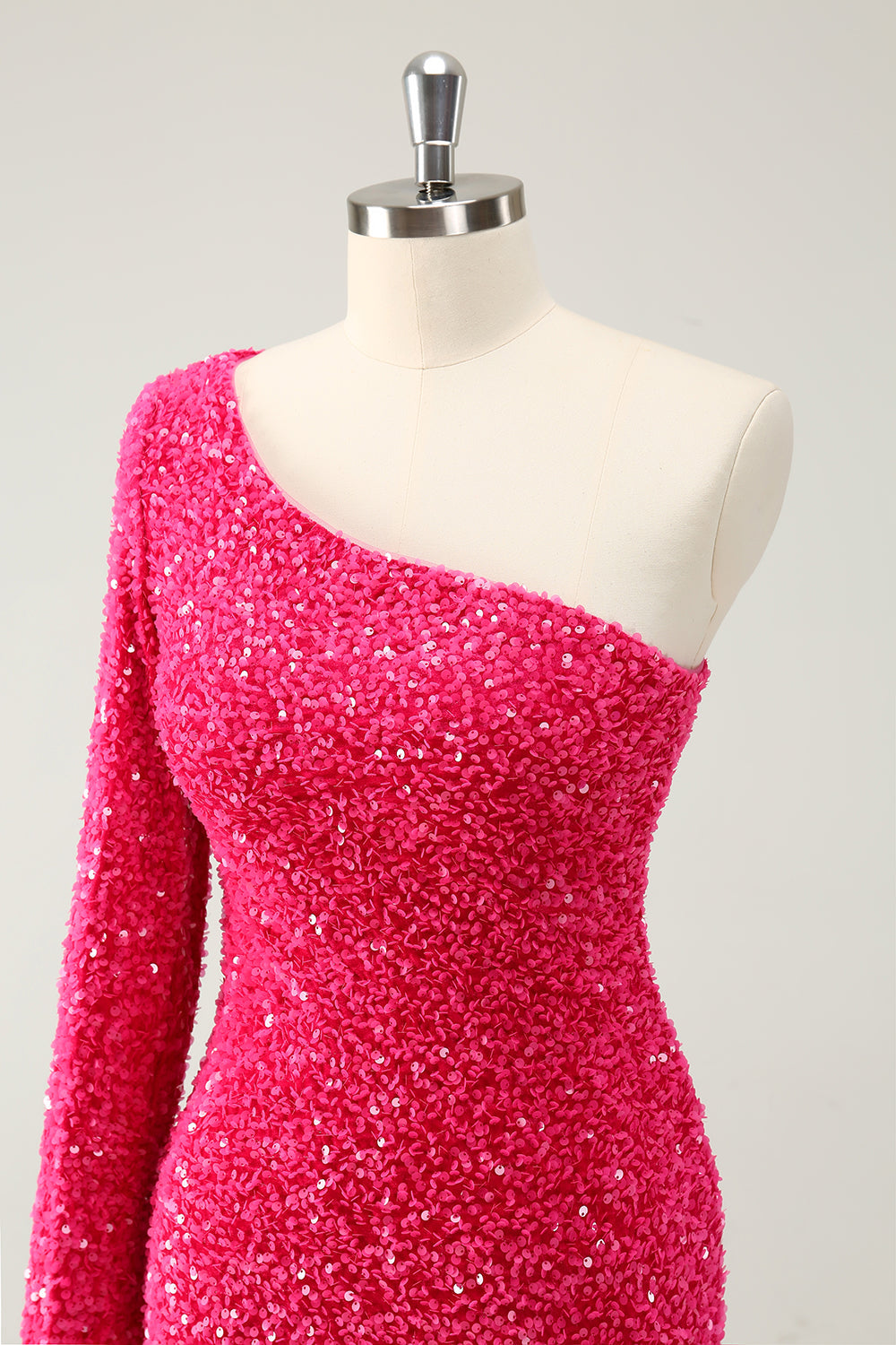 Hot Pink One-Shoulder Glitter Sequin Homecoming Dress with Slit
