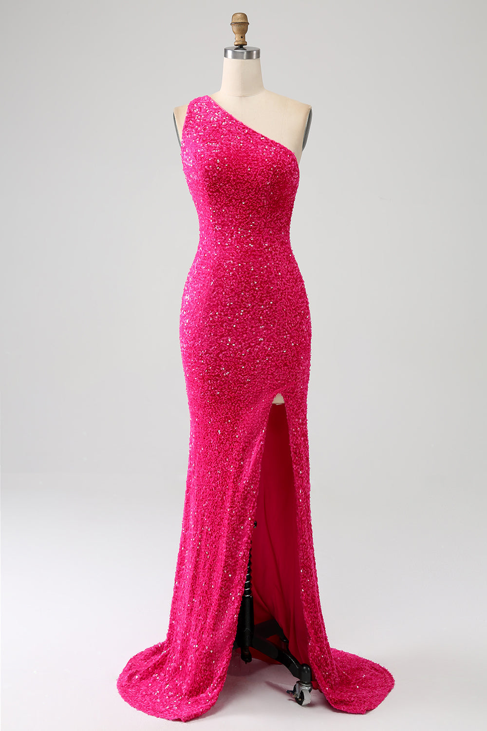 Robe longue de bal sirène scintillante asymétrique en sequins fuchsia avec fente