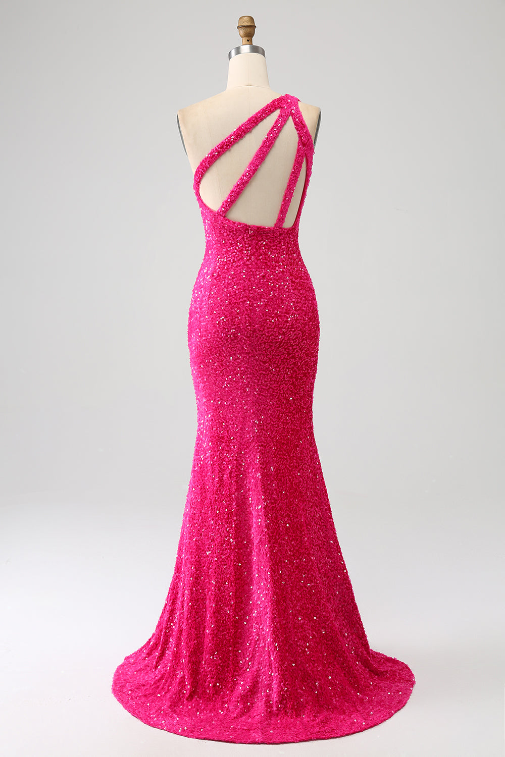 Robe longue de bal sirène scintillante asymétrique en sequins fuchsia avec fente