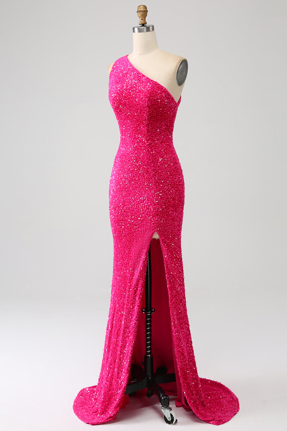 Robe longue de bal sirène scintillante asymétrique en sequins fuchsia avec fente