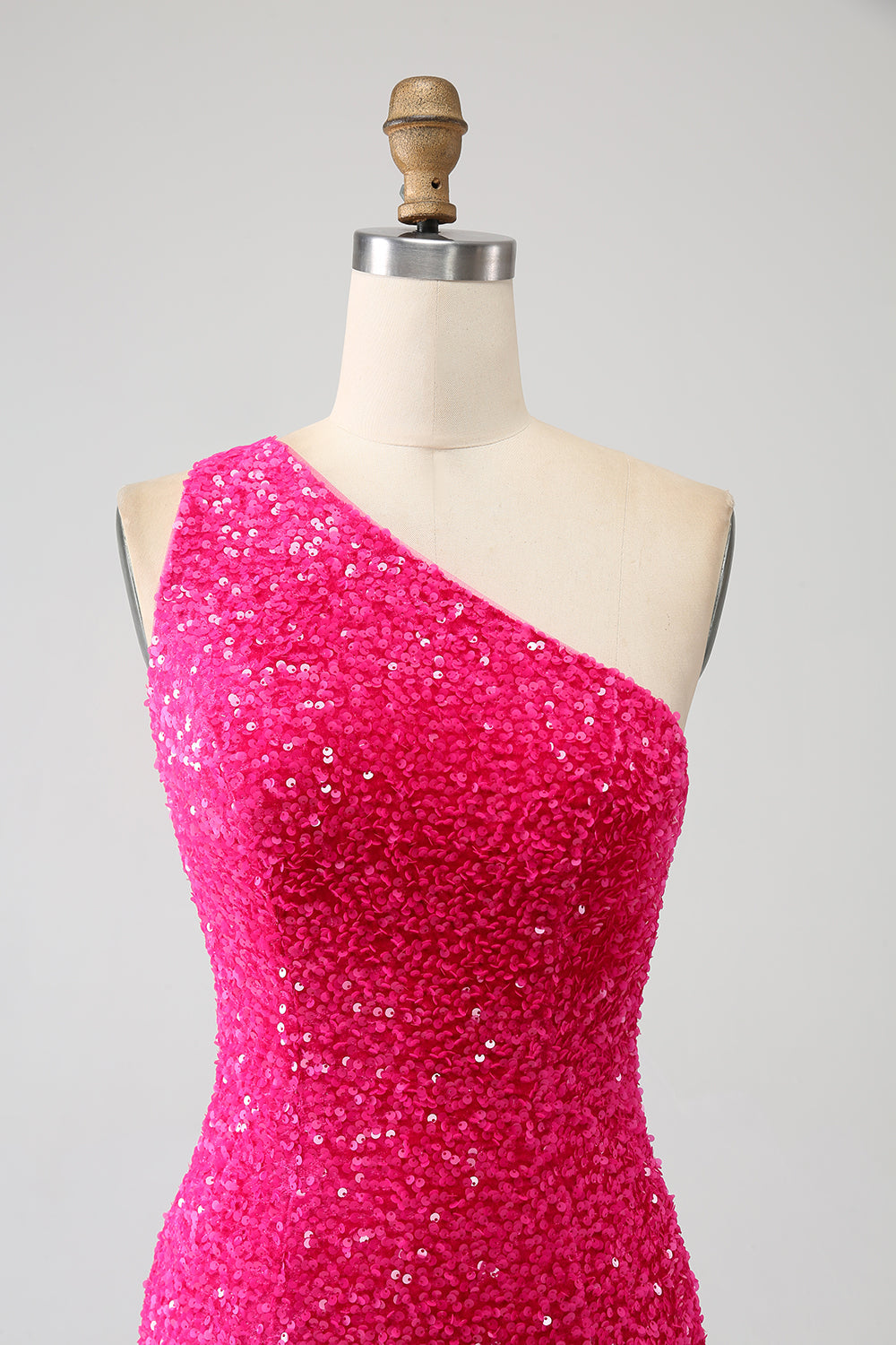 Robe longue de bal sirène scintillante asymétrique en sequins fuchsia avec fente