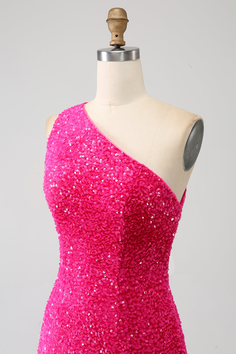 Robe longue de bal sirène scintillante asymétrique en sequins fuchsia avec fente