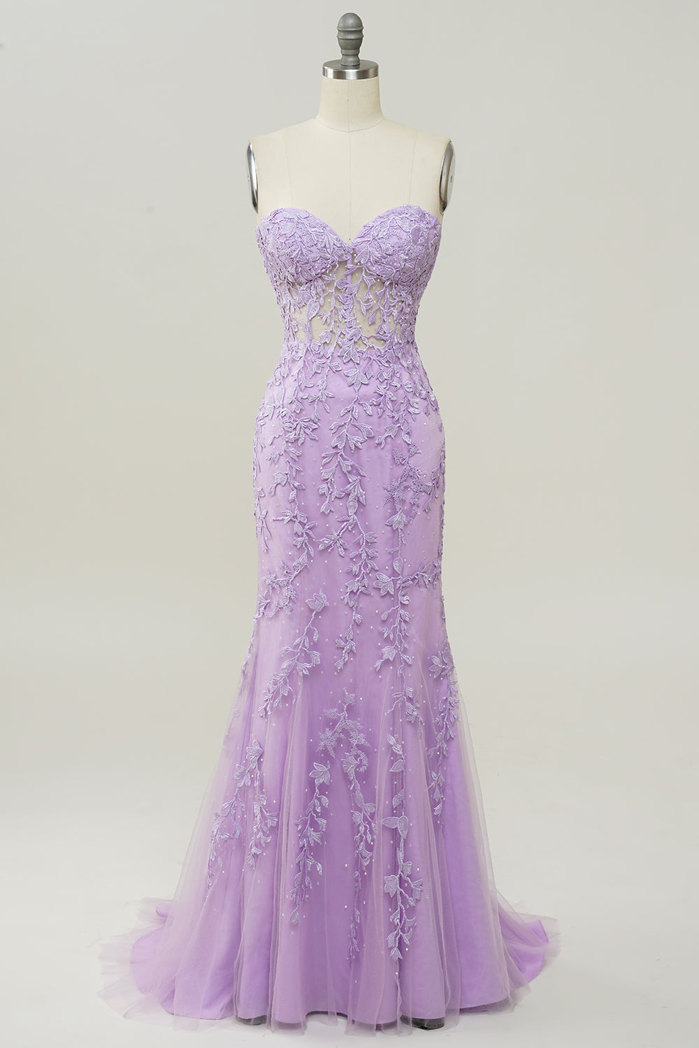 Robe de bal sirène violette à encolure cœur avec appliques