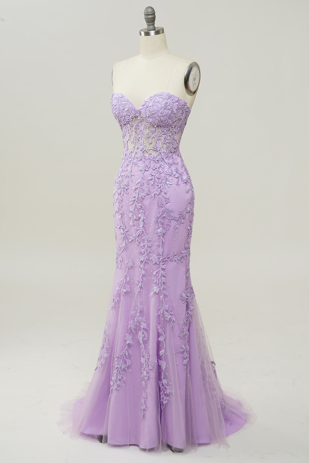Vestido de fiesta largo morado sirena con escote corazón y apliques