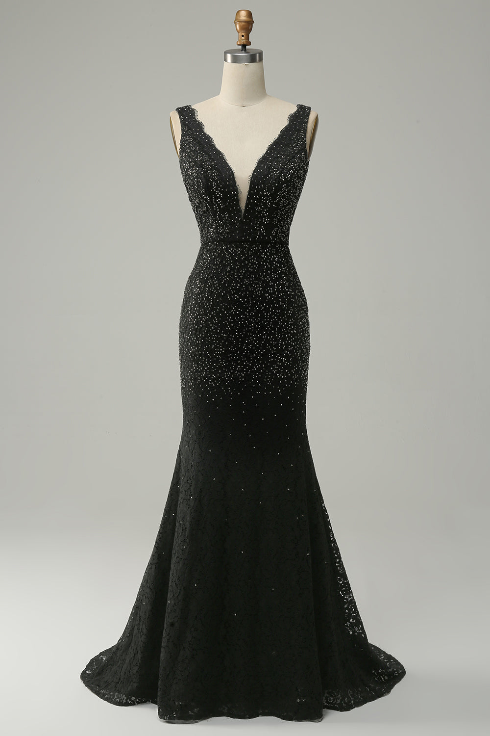 Robe de bal sirène longue en dentelle noire avec décolleté en V profond et perles