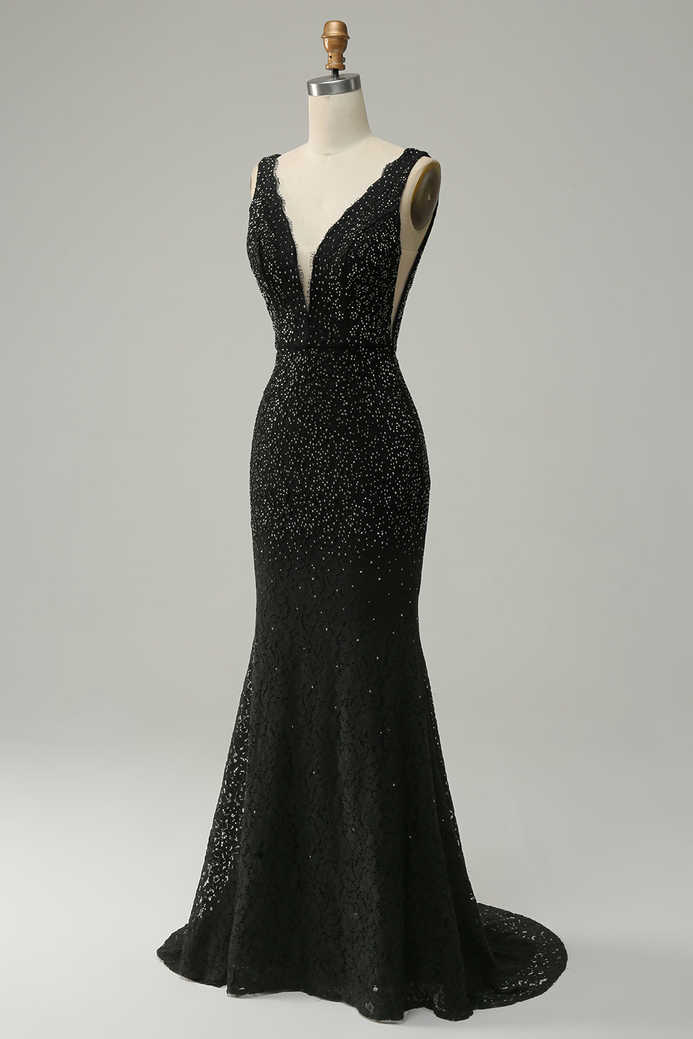 Robe de bal sirène longue en dentelle noire avec décolleté en V profond et perles