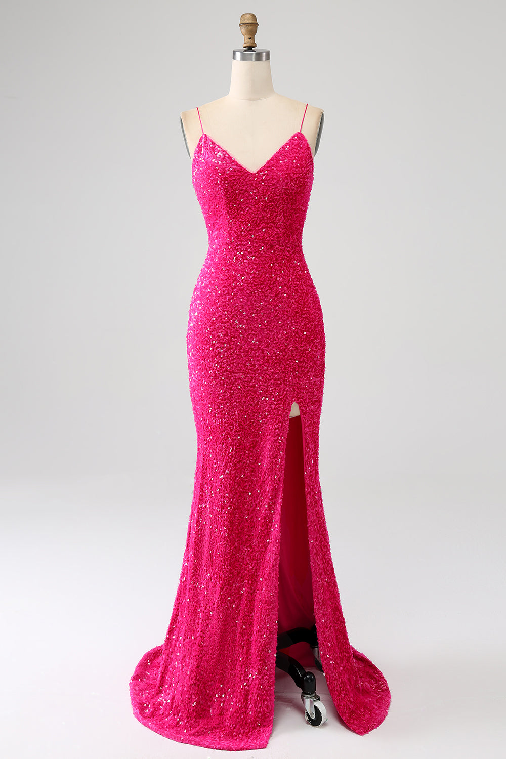 Robe de bal longue fuchsia pailletée sirène avec fines bretelles, col en V et fente