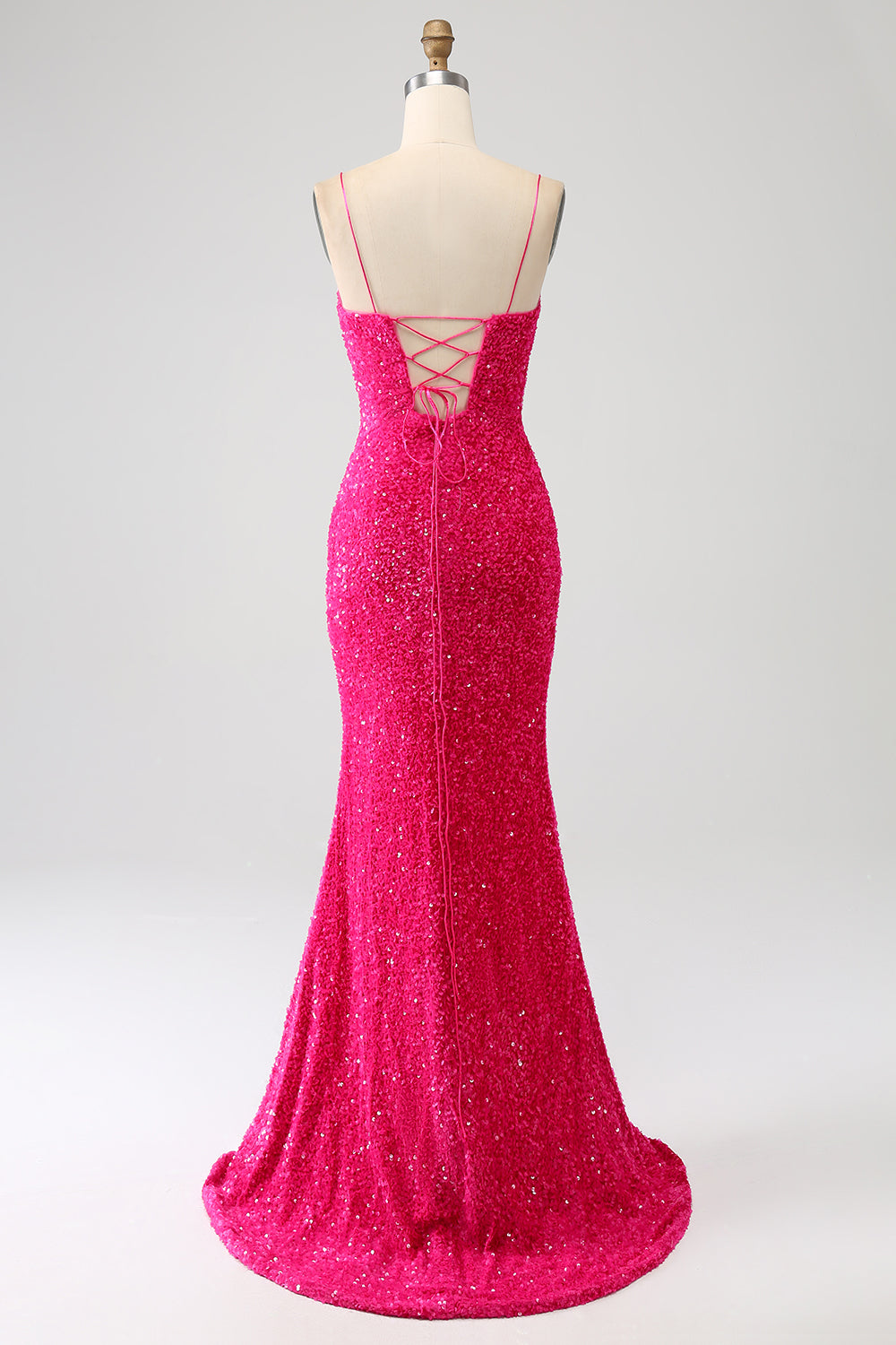 Robe de bal de sirène fuchsia à bretelles spaghetti fendue avec paillettes