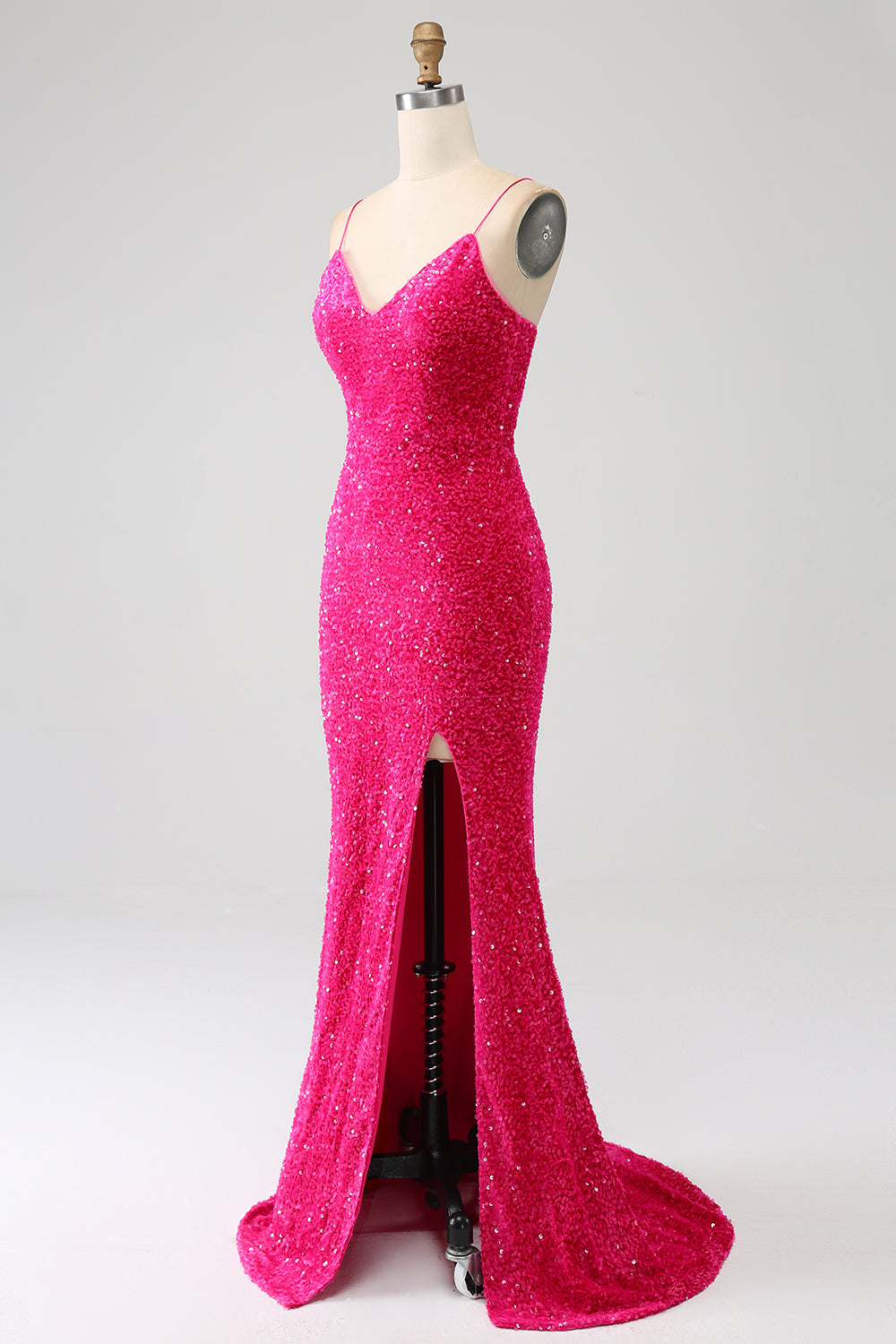 Robe de bal de sirène fuchsia à bretelles spaghetti fendue avec paillettes