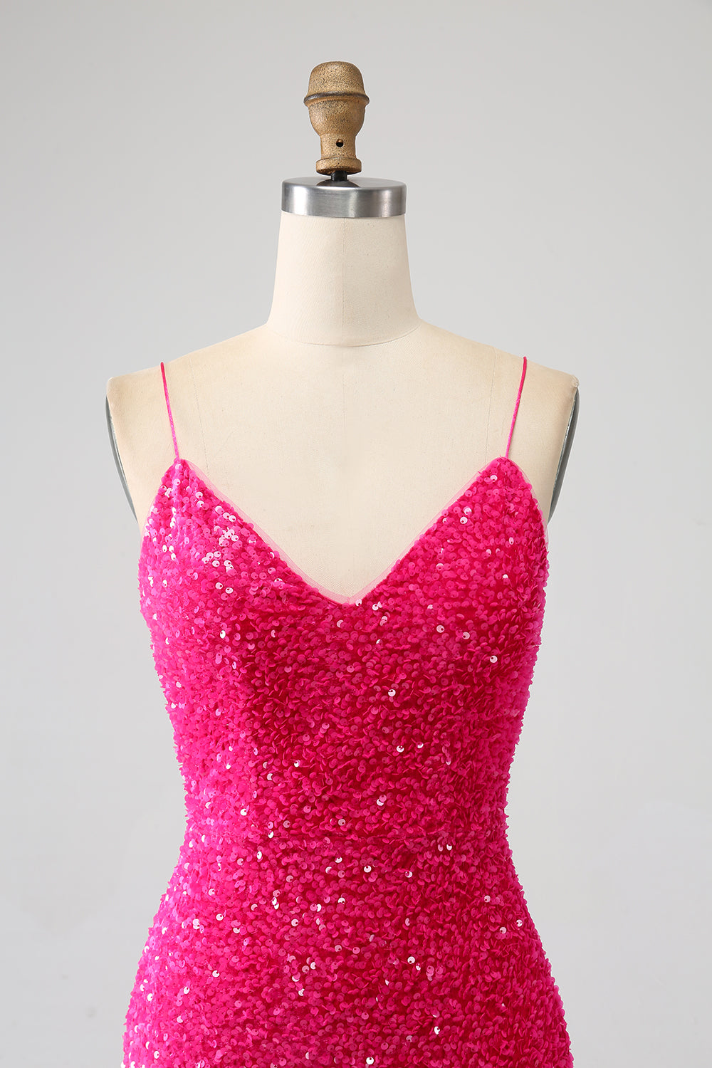 Robe de bal de sirène fuchsia à bretelles spaghetti fendue avec paillettes