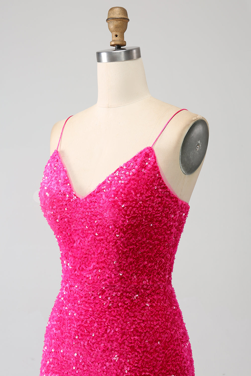 Robe de bal de sirène fuchsia à bretelles spaghetti fendue avec paillettes