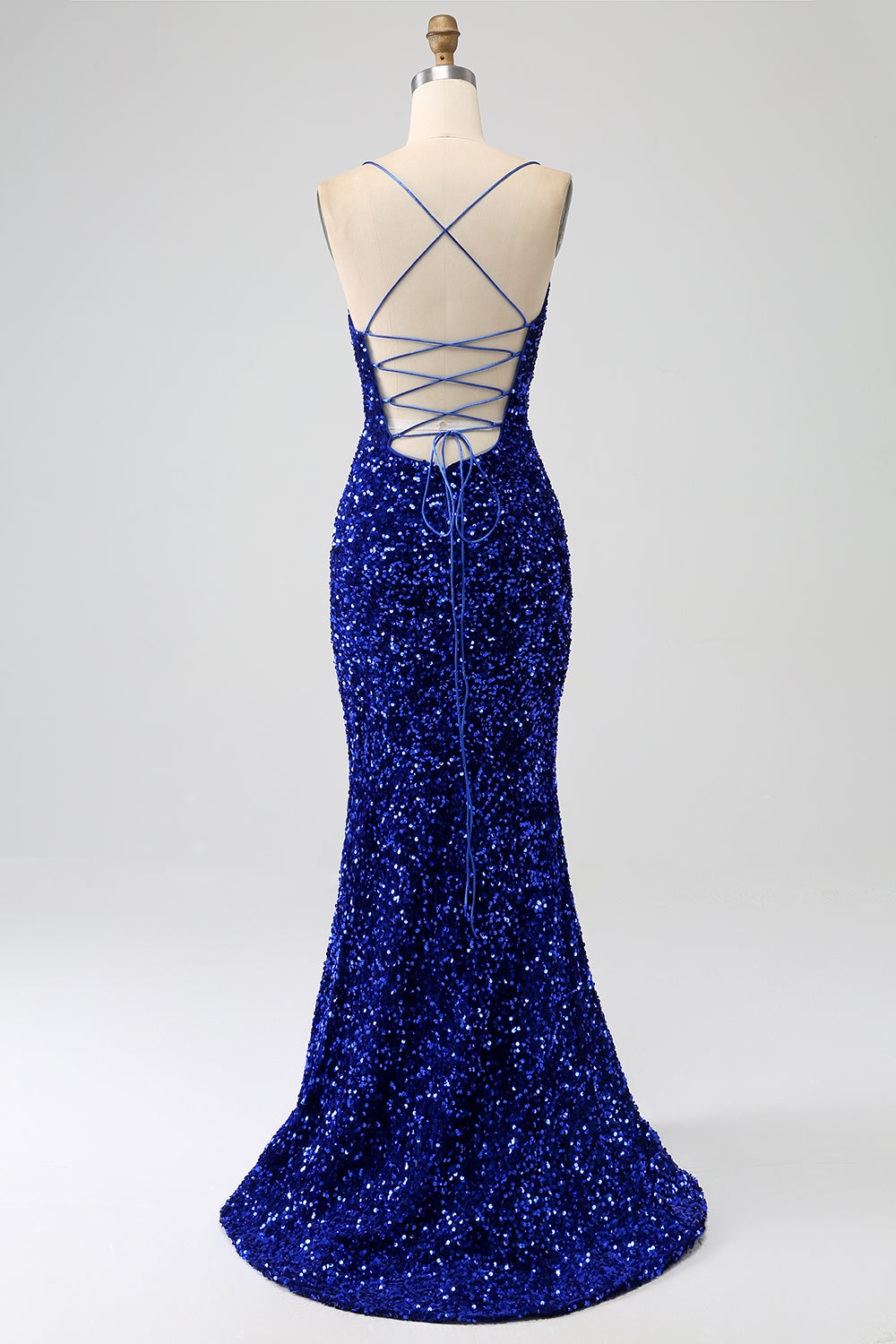 Robe de bal de sirène fuchsia à bretelles spaghetti fendue avec paillettes