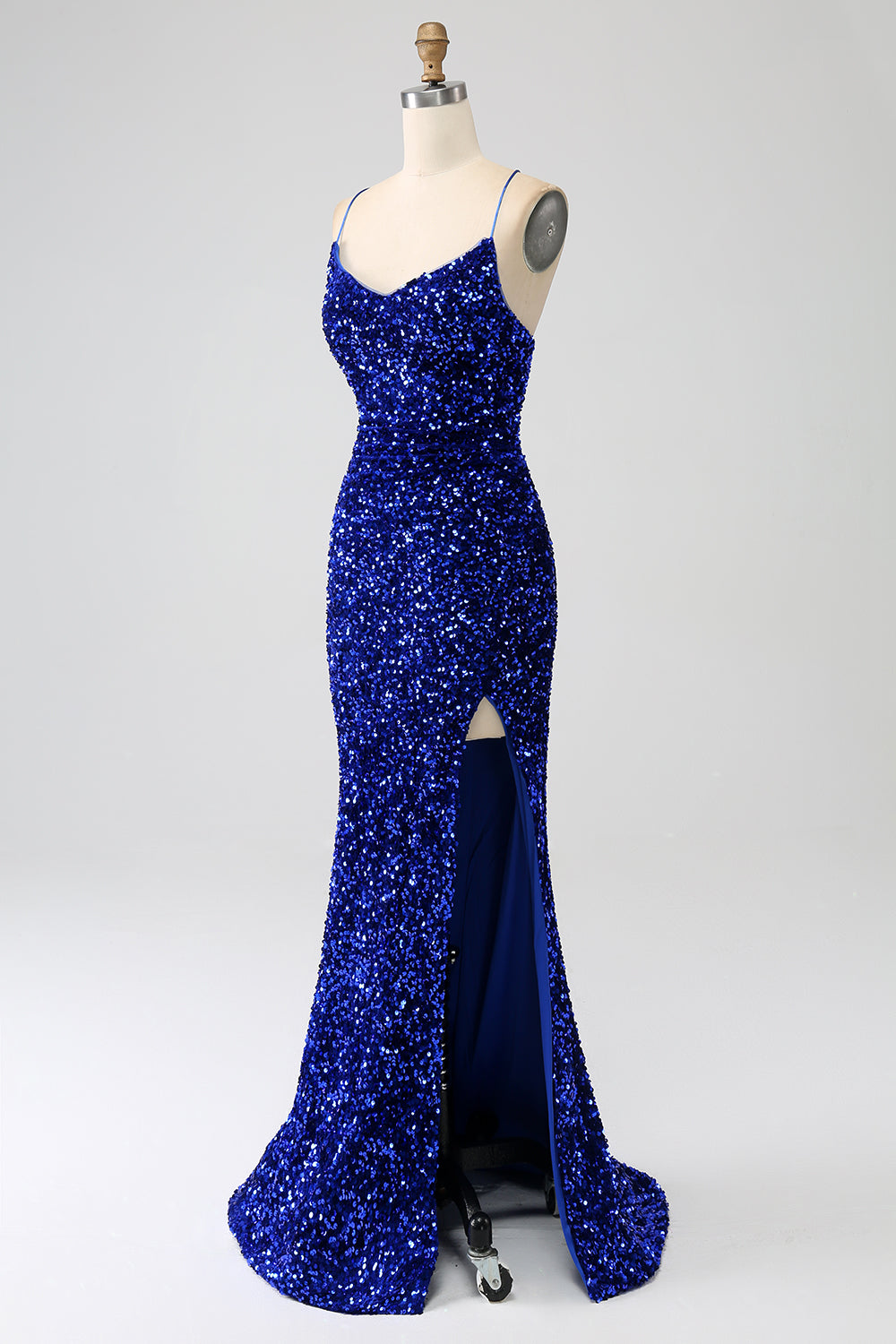 Robe de bal de sirène fuchsia à bretelles spaghetti fendue avec paillettes