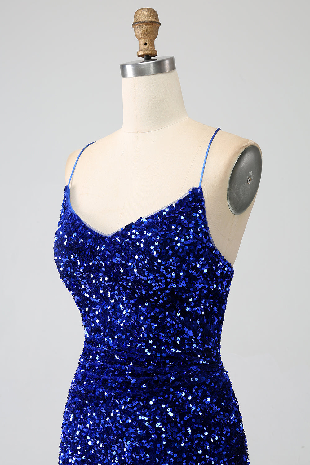 Robe de bal de sirène fuchsia à bretelles spaghetti fendue avec paillettes