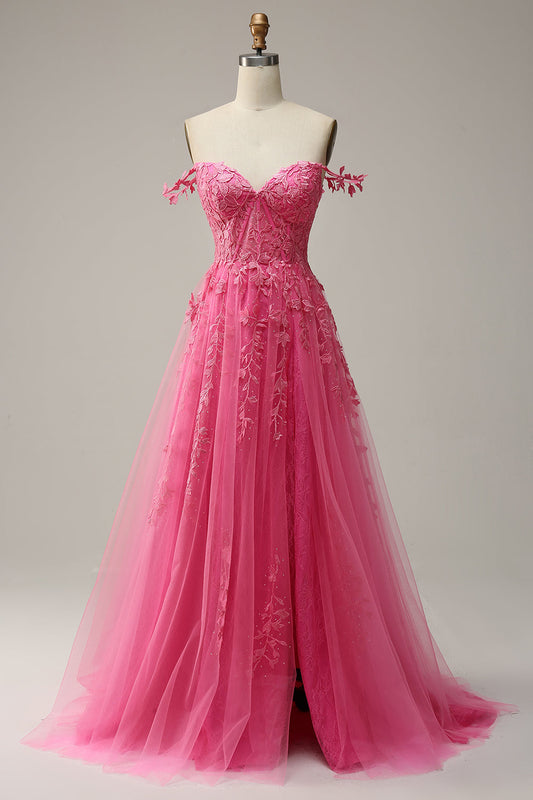 Fuchsia A-Line Off-Shoulder Long Prom Dress with Appliques