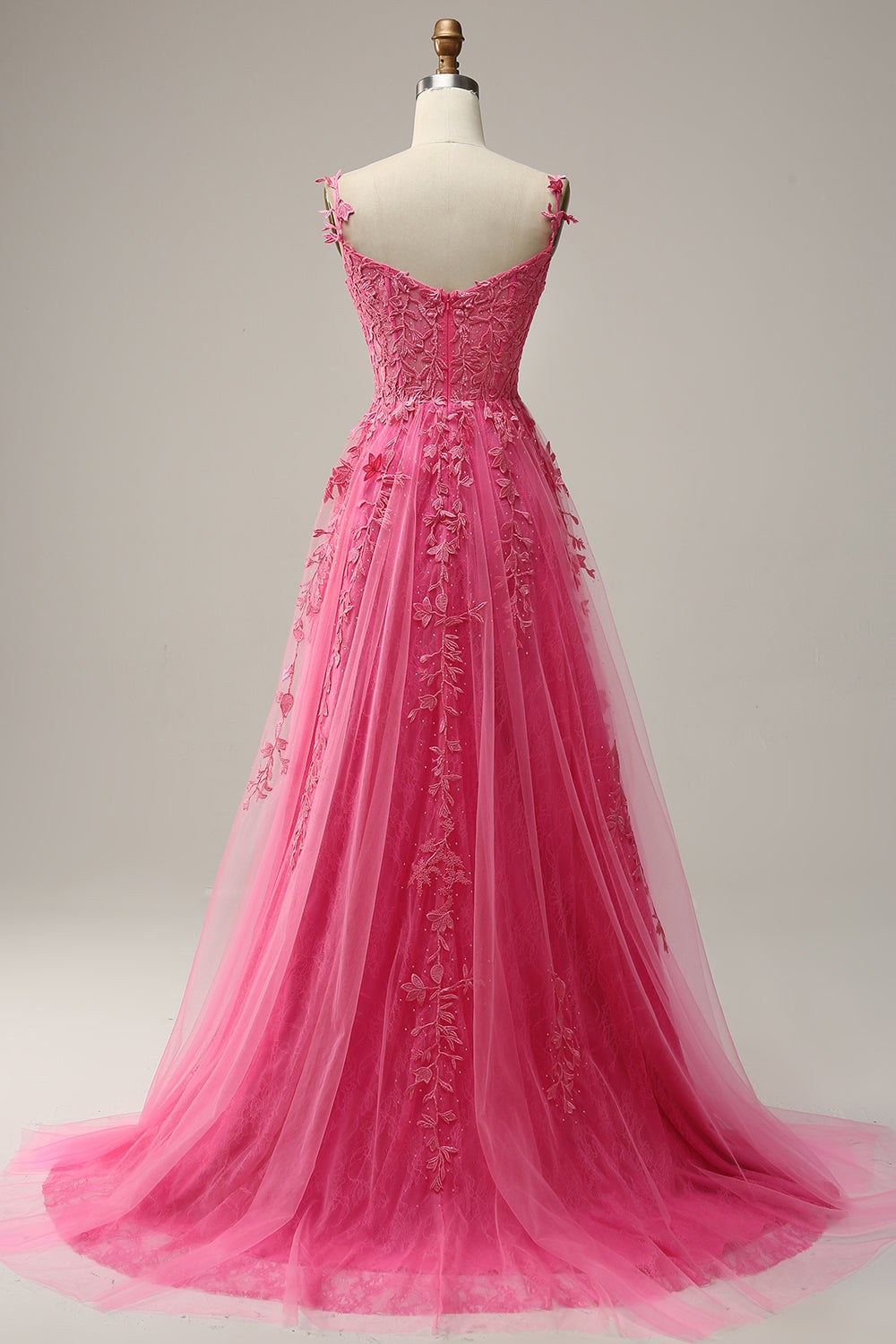 Robe de bal longue évasée rose vif à épaules dénudées avec appliques