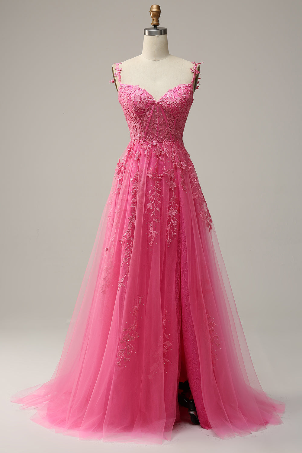 Robe de bal longue évasée rose vif à épaules dénudées avec appliques
