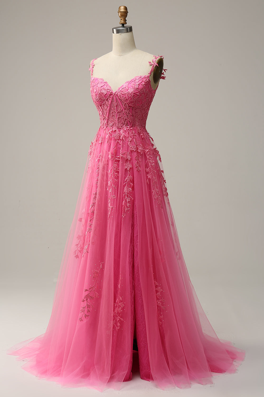 Robe de bal longue évasée rose vif à épaules dénudées avec appliques