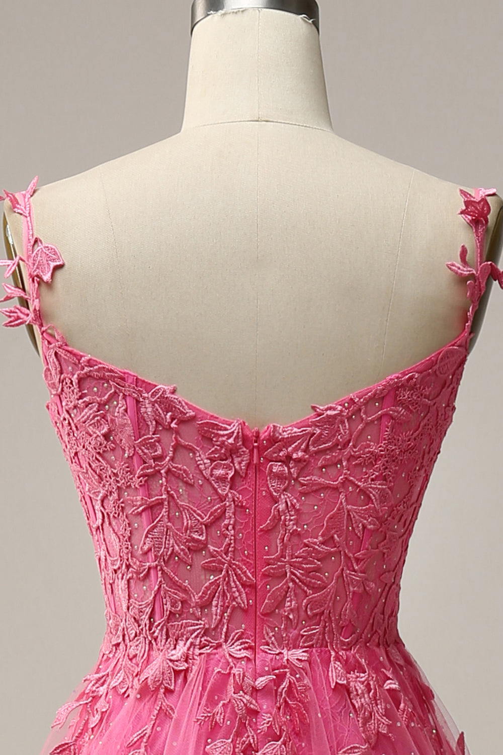 Robe de bal longue évasée rose vif à épaules dénudées avec appliques