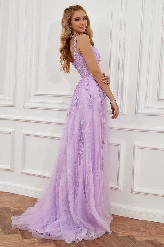 Vestido largo de fiesta morado sin hombros con apliques