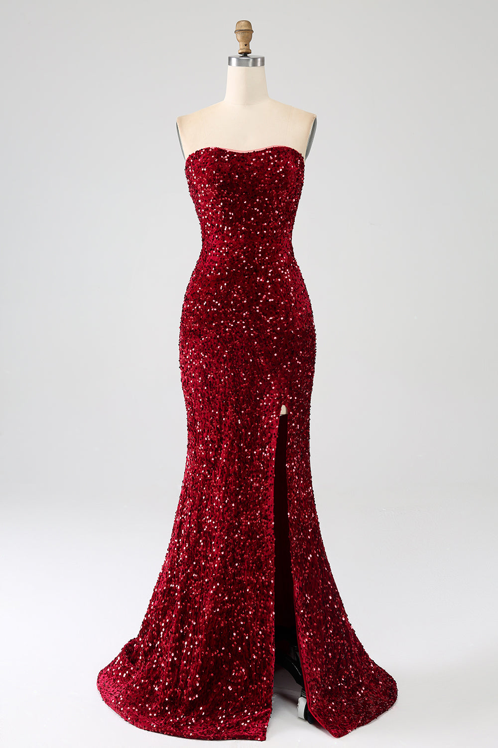 Robe de bal sirène longue rouge sans bretelles à paillettes avec fente
