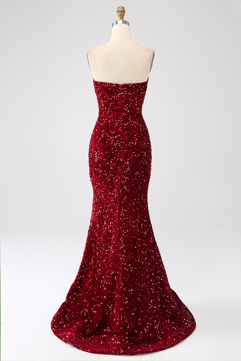 Robe de bal sirène longue rouge sans bretelles à paillettes avec fente