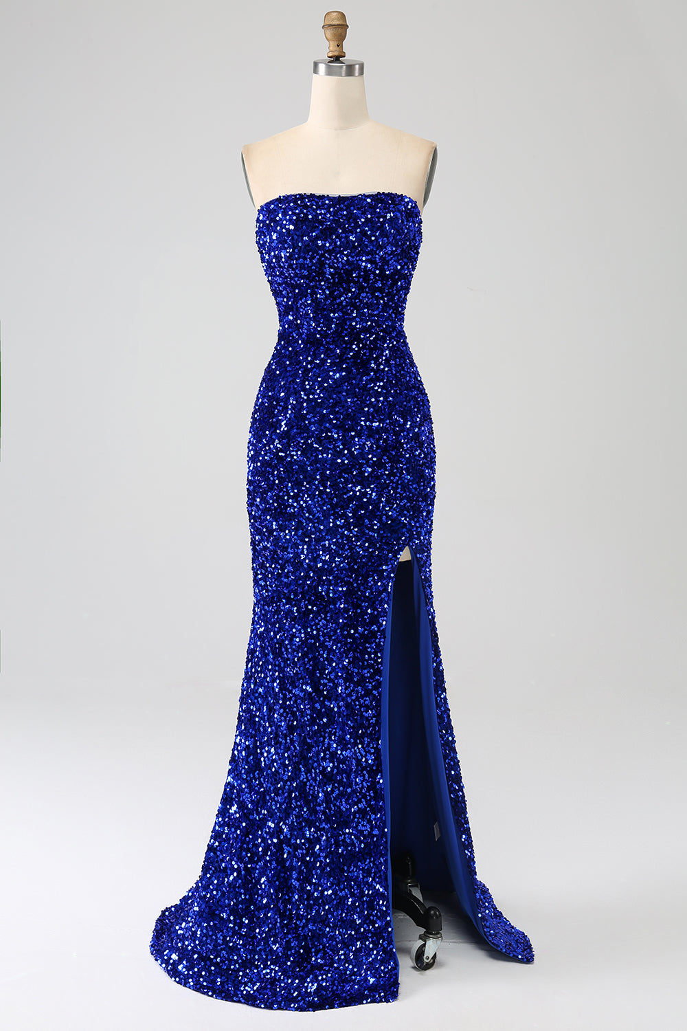 Robe de bal sirène longue rouge sans bretelles à paillettes avec fente
