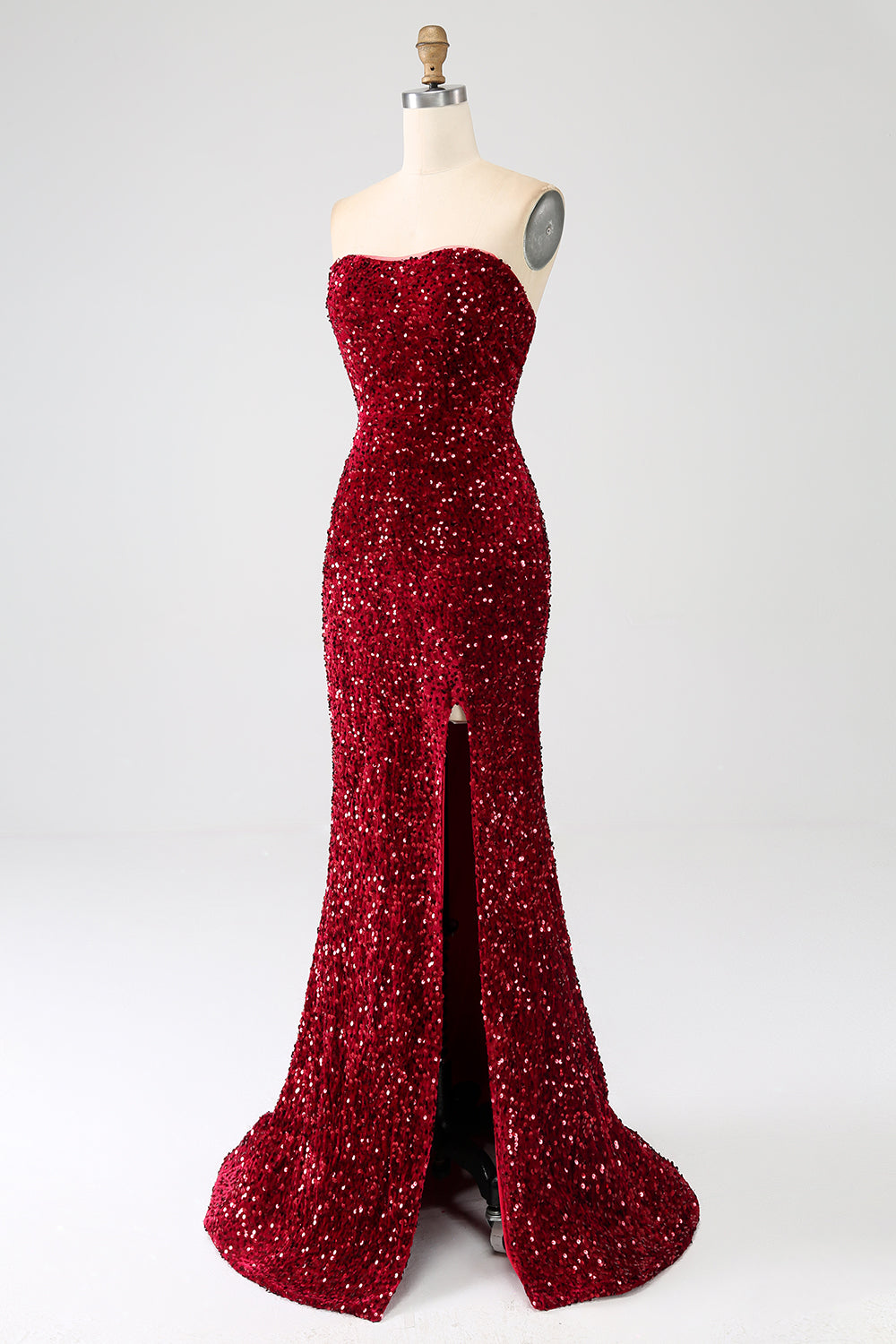 Robe de bal sirène longue rouge sans bretelles à paillettes avec fente