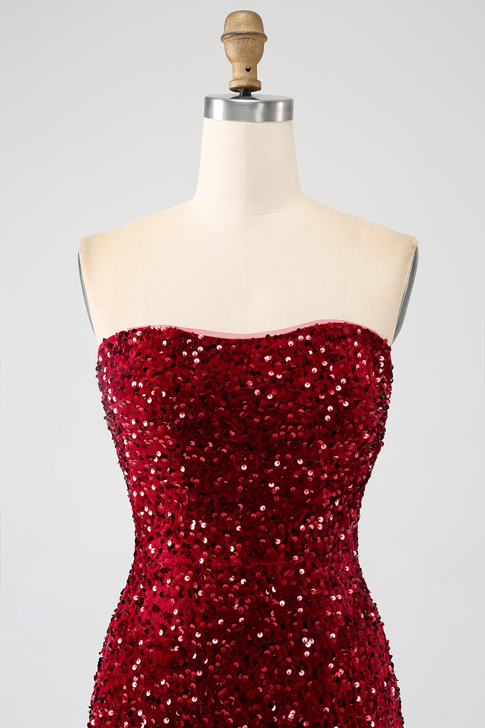 Robe de bal sirène longue rouge sans bretelles à paillettes avec fente