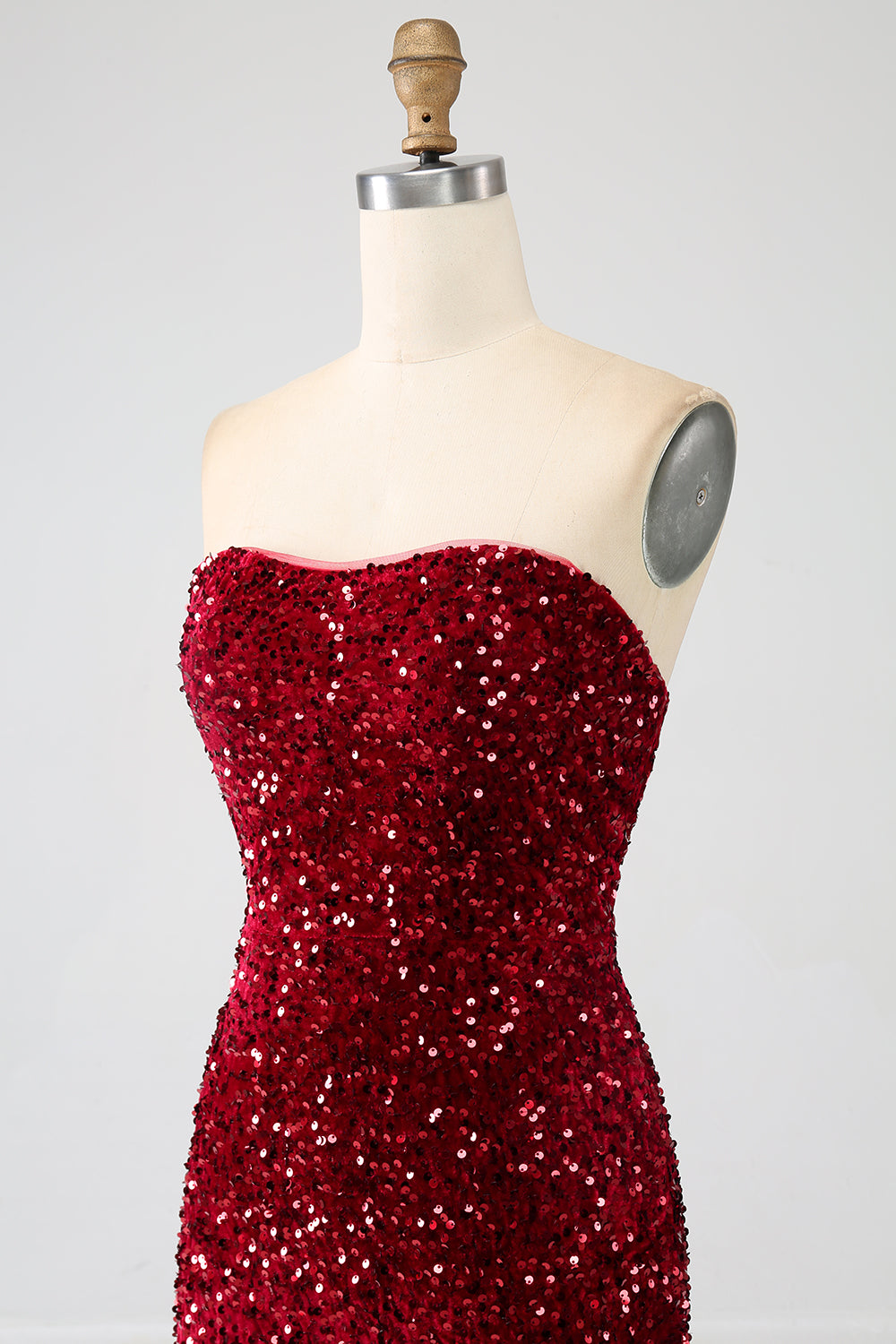 Robe de bal sirène longue rouge sans bretelles à paillettes avec fente