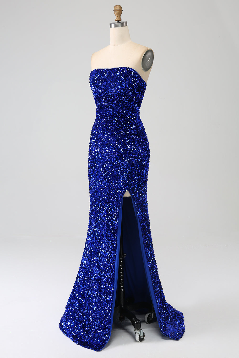 Robe de bal sirène longue rouge sans bretelles à paillettes avec fente