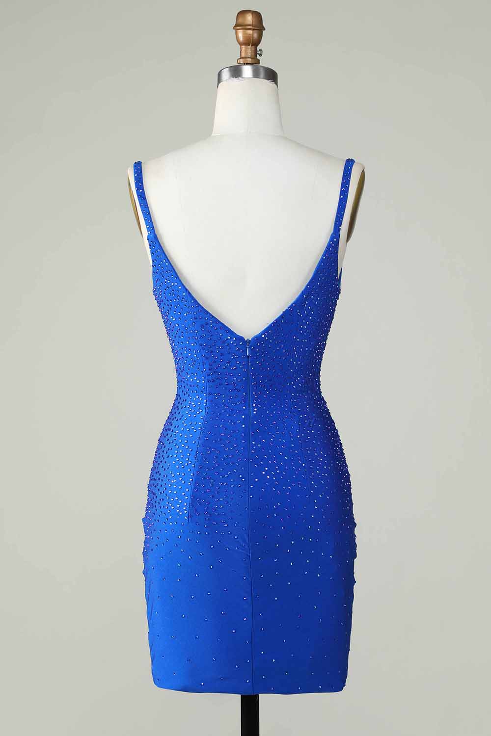 Robe moulante courte bleu roi pour bal de promo avec col en V profond et perles