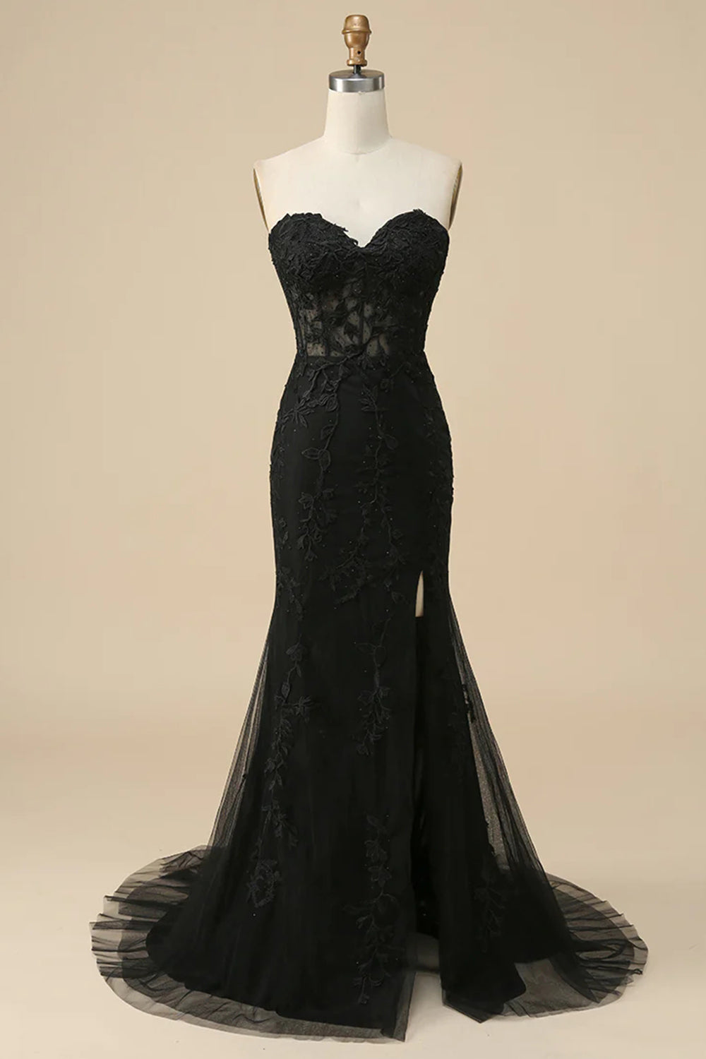 Robe de bal sirène longue en dentelle rose avec corset bustier et fente