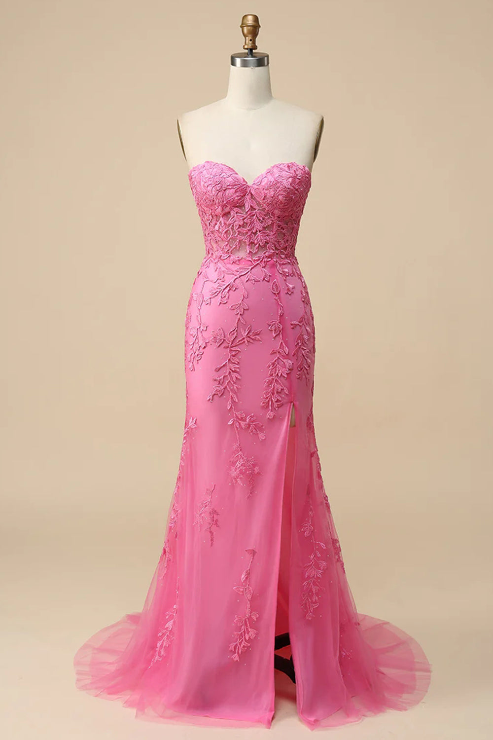 Robe de bal sirène longue en dentelle rose avec corset bustier et fente
